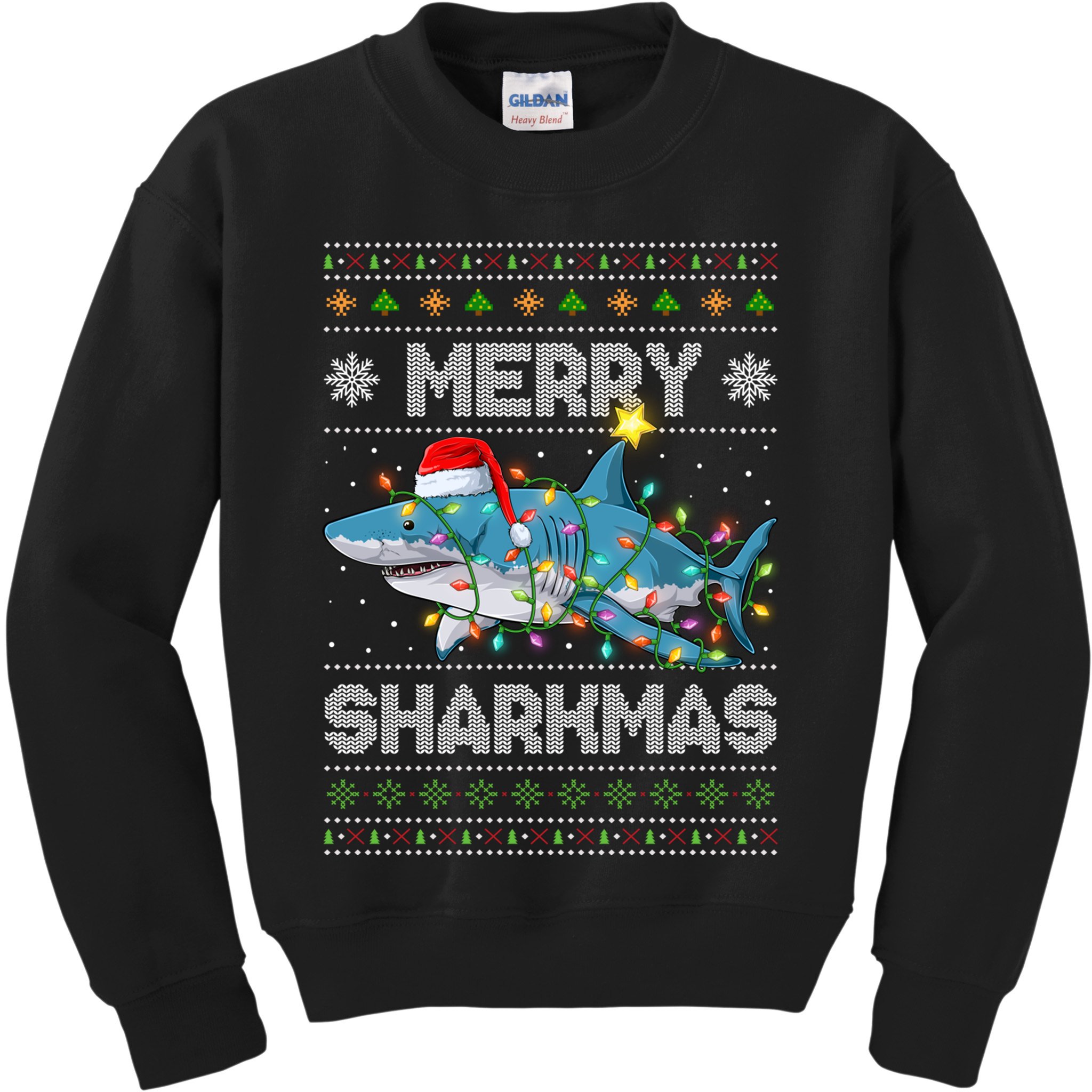 Merry Sharkmas Shark Santa Ugly Christmas Lights Xmas Kids Sweatshirt
