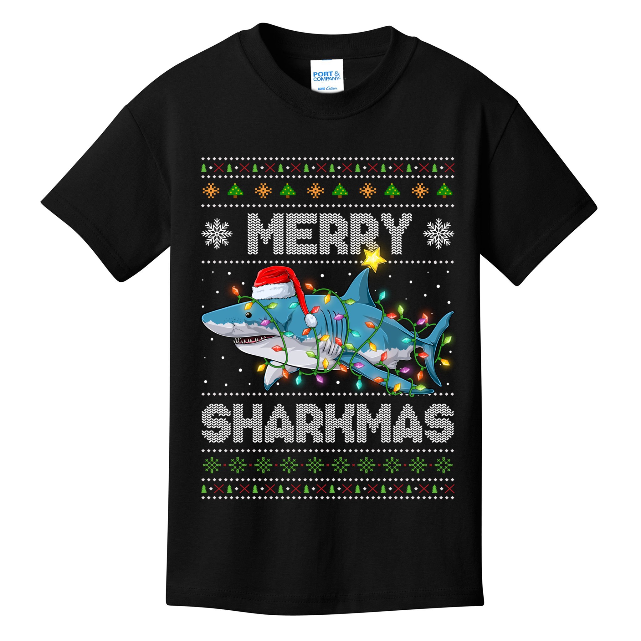 Merry Sharkmas Shark Santa Ugly Christmas Lights Xmas Kids T-Shirt