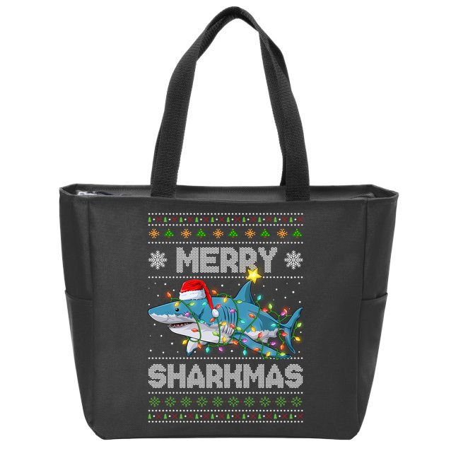 Merry Sharkmas Shark Santa Ugly Christmas Lights Xmas Zip Tote Bag
