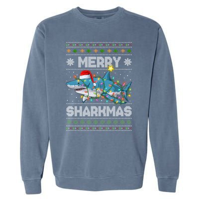 Merry Sharkmas Shark Santa Ugly Christmas Lights Xmas Garment-Dyed Sweatshirt