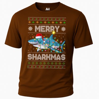 Merry Sharkmas Shark Santa Ugly Christmas Lights Xmas Cooling Performance Crew T-Shirt
