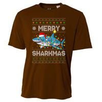 Merry Sharkmas Shark Santa Ugly Christmas Lights Xmas Cooling Performance Crew T-Shirt