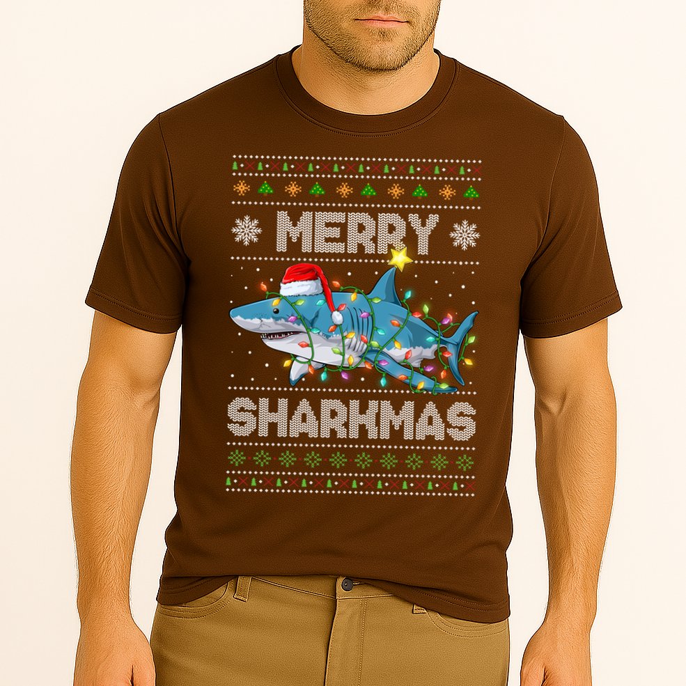 Merry Sharkmas Shark Santa Ugly Christmas Lights Xmas Cooling Performance Crew T-Shirt