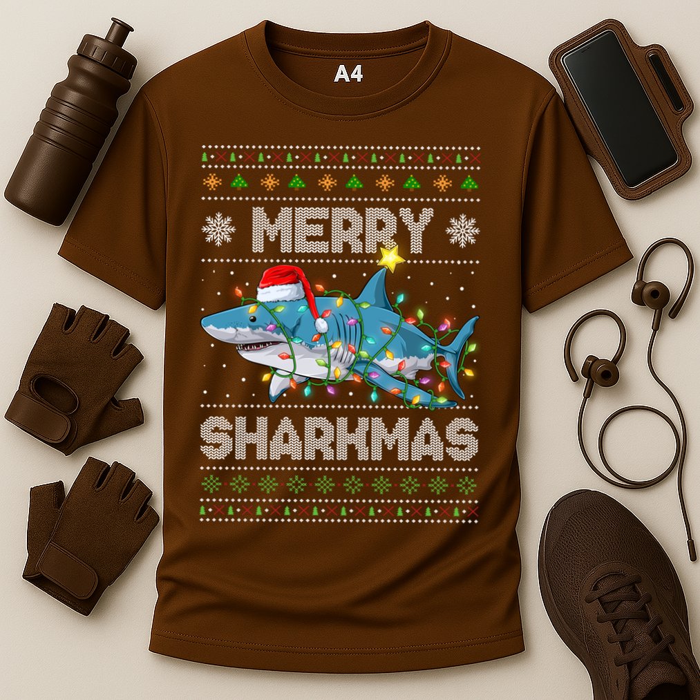 Merry Sharkmas Shark Santa Ugly Christmas Lights Xmas Cooling Performance Crew T-Shirt