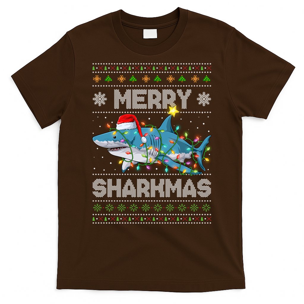 Merry Sharkmas Shark Santa Ugly Christmas Lights Xmas T-Shirt