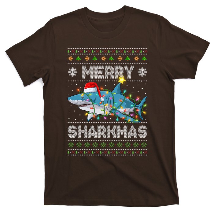 Merry Sharkmas Shark Santa Ugly Christmas Lights Xmas T-Shirt