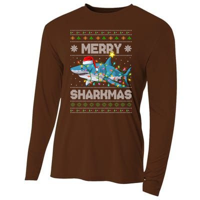 Merry Sharkmas Shark Santa Ugly Christmas Lights Xmas Cooling Performance Long Sleeve Crew