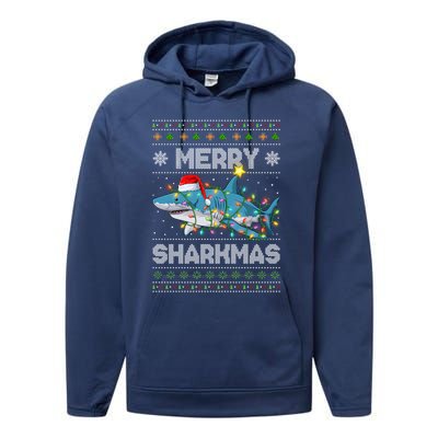 Merry Sharkmas Shark Santa Ugly Christmas Lights Xmas Performance Fleece Hoodie