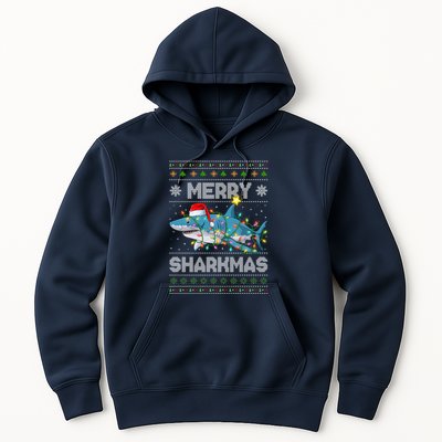 Merry Sharkmas Shark Santa Ugly Christmas Lights Xmas Hoodie