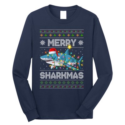 Merry Sharkmas Shark Santa Ugly Christmas Lights Xmas Long Sleeve Shirt