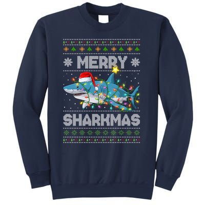 Merry Sharkmas Shark Santa Ugly Christmas Lights Xmas Sweatshirt