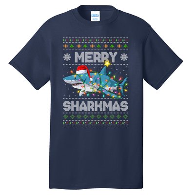 Merry Sharkmas Shark Santa Ugly Christmas Lights Xmas Tall T-Shirt