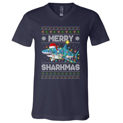 Merry Sharkmas Shark Santa Ugly Christmas Lights Xmas V-Neck T-Shirt