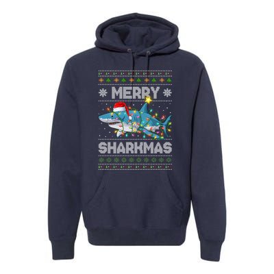 Merry Sharkmas Shark Santa Ugly Christmas Lights Xmas Premium Hoodie