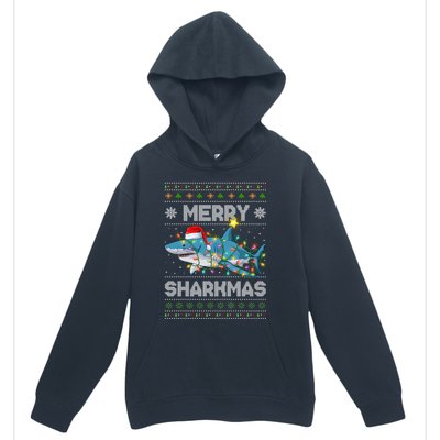 Merry Sharkmas Shark Santa Ugly Christmas Lights Xmas Urban Pullover Hoodie