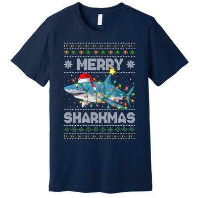 Merry Sharkmas Shark Santa Ugly Christmas Lights Xmas Premium T-Shirt