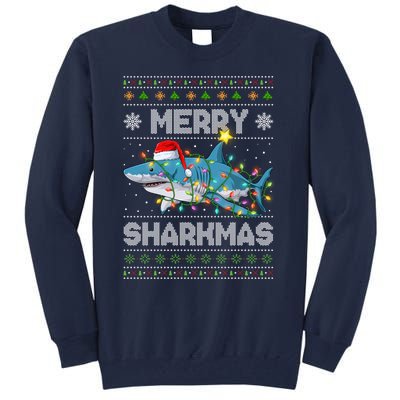 Merry Sharkmas Shark Santa Ugly Christmas Lights Xmas Tall Sweatshirt