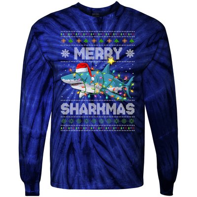 Merry Sharkmas Shark Santa Ugly Christmas Lights Xmas Tie-Dye Long Sleeve Shirt