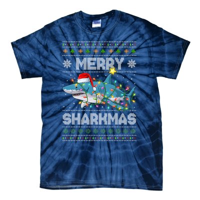 Merry Sharkmas Shark Santa Ugly Christmas Lights Xmas Tie-Dye T-Shirt