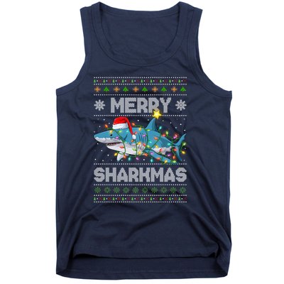 Merry Sharkmas Shark Santa Ugly Christmas Lights Xmas Tank Top