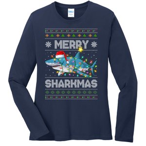 Merry Sharkmas Shark Santa Ugly Christmas Lights Xmas Ladies Long Sleeve Shirt