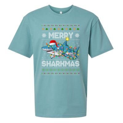 Merry Sharkmas Shark Santa Ugly Christmas Lights Xmas Sueded Cloud Jersey T-Shirt