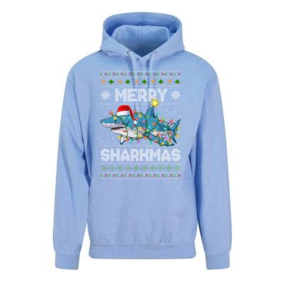 Merry Sharkmas Shark Santa Ugly Christmas Lights Xmas Unisex Surf Hoodie