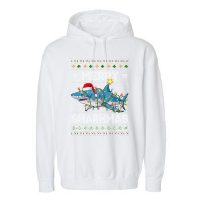 Merry Sharkmas Shark Santa Ugly Christmas Lights Xmas Garment-Dyed Fleece Hoodie