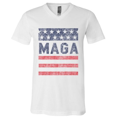 Maga Stars & Stripes Retro Vintage Distressed Graphic V-Neck T-Shirt