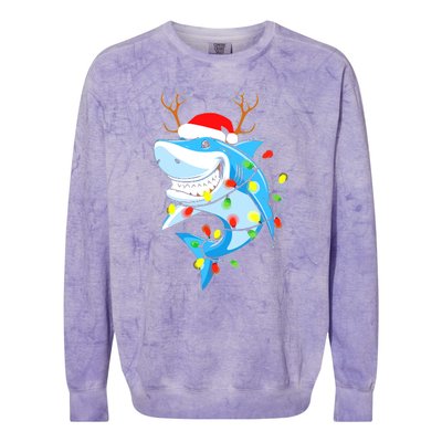 Merry Sharkmas Shark With Santa Hat Christmas Lights Xmas Colorblast Crewneck Sweatshirt