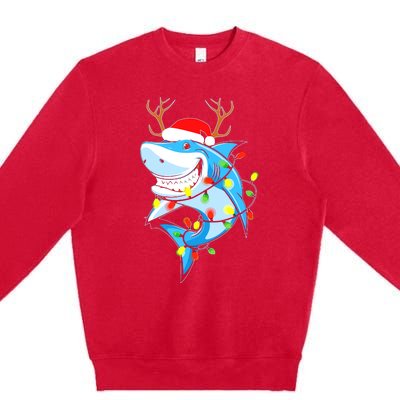 Merry Sharkmas Shark With Santa Hat Christmas Lights Xmas Premium Crewneck Sweatshirt