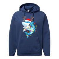 Merry Sharkmas Shark With Santa Hat Christmas Lights Xmas Performance Fleece Hoodie