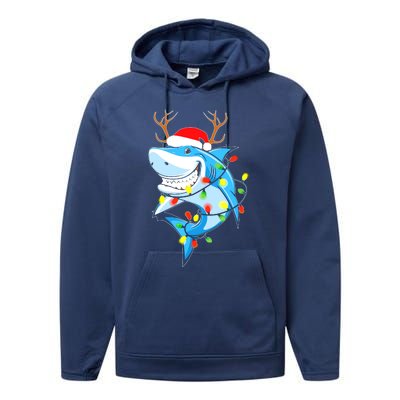 Merry Sharkmas Shark With Santa Hat Christmas Lights Xmas Performance Fleece Hoodie