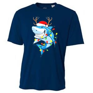 Merry Sharkmas Shark With Santa Hat Christmas Lights Xmas Cooling Performance Crew T-Shirt