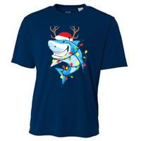 Merry Sharkmas Shark With Santa Hat Christmas Lights Xmas Cooling Performance Crew T-Shirt