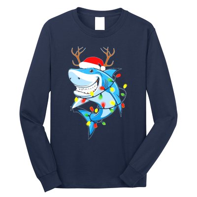 Merry Sharkmas Shark With Santa Hat Christmas Lights Xmas Long Sleeve Shirt