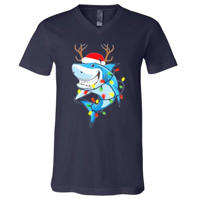 Merry Sharkmas Shark With Santa Hat Christmas Lights Xmas V-Neck T-Shirt