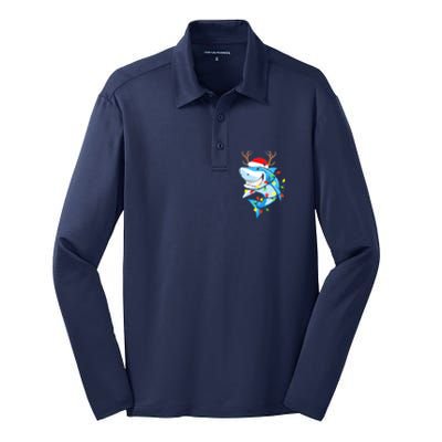 Merry Sharkmas Shark With Santa Hat Christmas Lights Xmas Silk Touch Performance Long Sleeve Polo