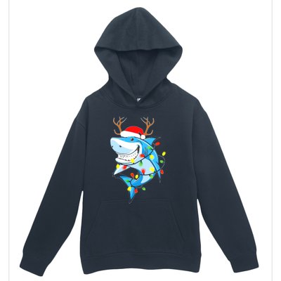 Merry Sharkmas Shark With Santa Hat Christmas Lights Xmas Urban Pullover Hoodie