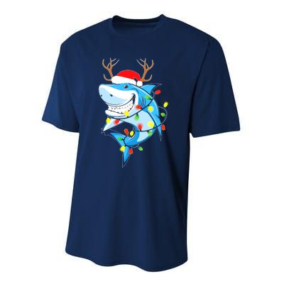 Merry Sharkmas Shark With Santa Hat Christmas Lights Xmas Performance Sprint T-Shirt