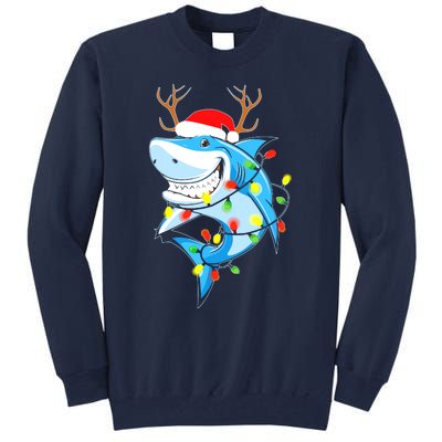 Merry Sharkmas Shark With Santa Hat Christmas Lights Xmas Tall Sweatshirt