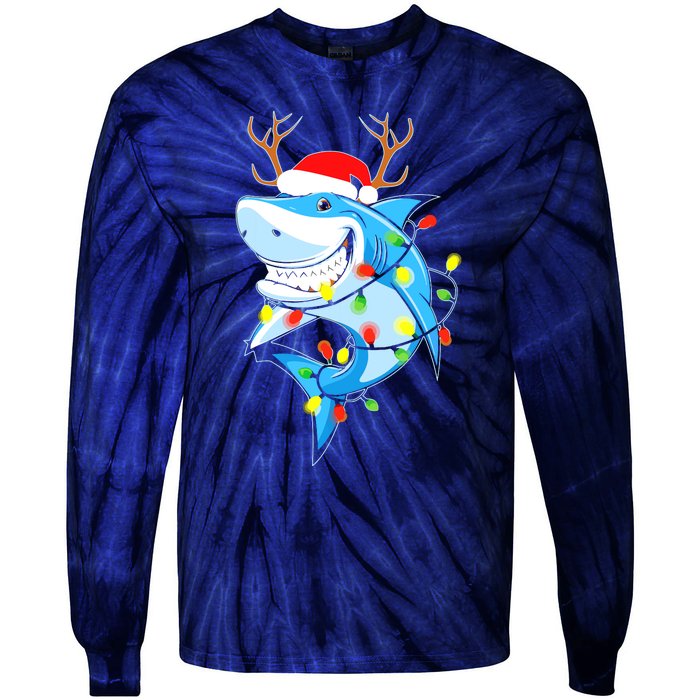 Merry Sharkmas Shark With Santa Hat Christmas Lights Xmas Tie-Dye Long Sleeve Shirt