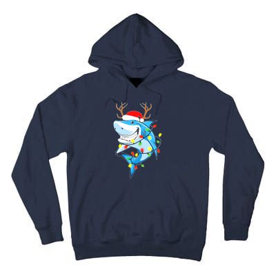 Merry Sharkmas Shark With Santa Hat Christmas Lights Xmas Tall Hoodie