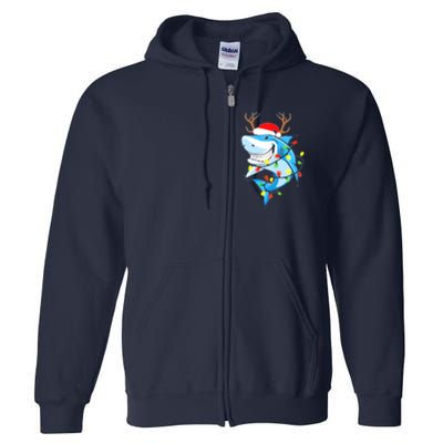 Merry Sharkmas Shark With Santa Hat Christmas Lights Xmas Full Zip Hoodie