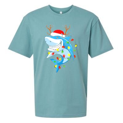 Merry Sharkmas Shark With Santa Hat Christmas Lights Xmas Sueded Cloud Jersey T-Shirt