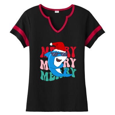 Merry Sharkmas Shark Santa Funny Christmas Ladies Halftime Notch Neck Tee