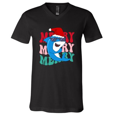 Merry Sharkmas Shark Santa Funny Christmas V-Neck T-Shirt