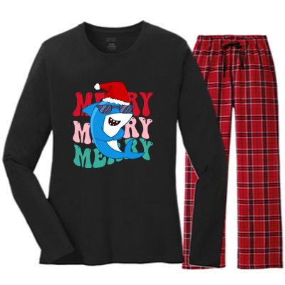 Merry Sharkmas Shark Santa Funny Christmas Women's Long Sleeve Flannel Pajama Set 