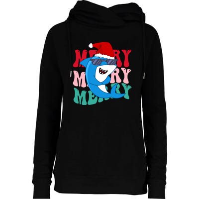 Merry Sharkmas Shark Santa Funny Christmas Womens Funnel Neck Pullover Hood