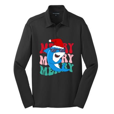 Merry Sharkmas Shark Santa Funny Christmas Silk Touch Performance Long Sleeve Polo